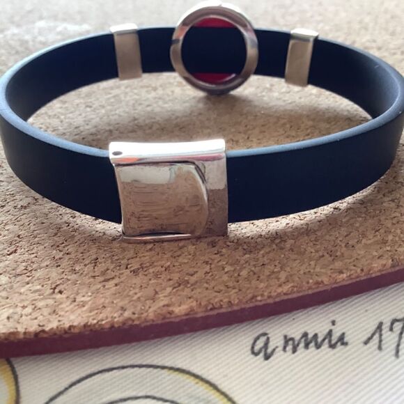 STERLING SILVER 925 SILICONE BLACK BAND RED EVAL EYE GOOD LUCK BRACELET STERLING - Picture 2 of 9